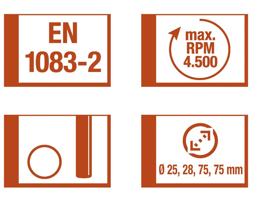 EN 1083-2 Norm, maximale Drehzahl 4500 Umdrehungen pro Minute, Durchmesser 25, 28, 75, 75 Millimeter