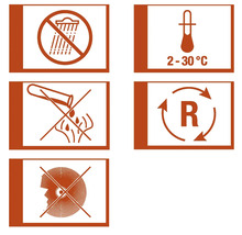 Piktogramme: Vor Nässe schützen, Lagertemperatur 2 bis 30 Grad, Ätzend, Recycling und Augenschutz tragen