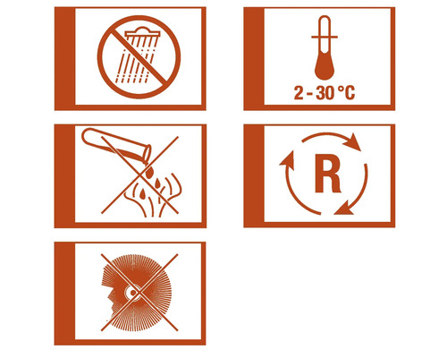 Piktogramme: Vor Nässe schützen, Lagertemperatur 2 bis 30 Grad, Ätzend, Recycling und Augenschutz tragen