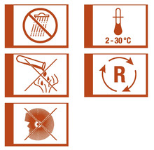 Symbole zur Produktlagerung und Handhabung: Vor Regen schützen, Lagertemperatur 2 bis 30 Grad, nicht in die Kanalisation gelangen lassen, Recycling, Augenschutz tragen