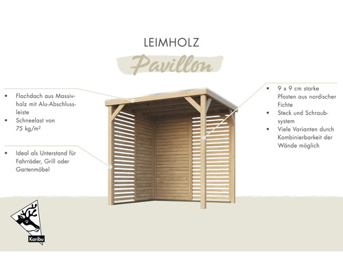 Holzpavillon mit Flachdach und Seitenwänden aus Holzlatten