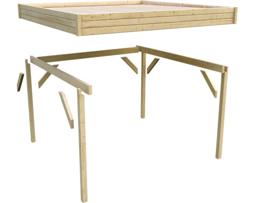 Holzrahmen für ein Gartenhaus im Aufbau