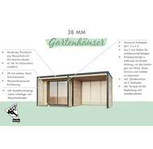 Gartenhaus mit Flachdach, Schiebetür, Terrasse und Lamellenwänden