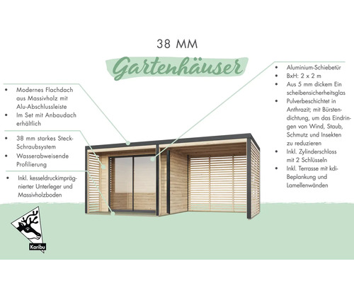 Gartenhaus mit Flachdach, Schiebetür, Terrasse und Lamellenwänden