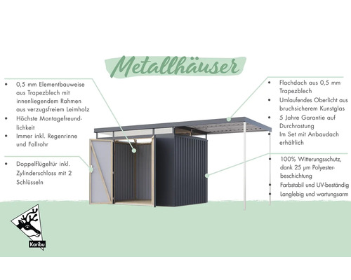 Metallgartenhaus mit Flachdach, Doppeltür und Anbaudach