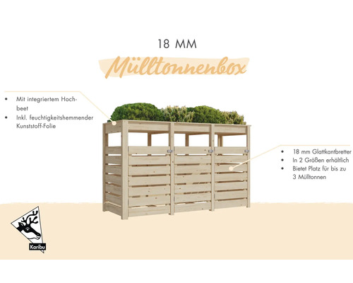 Mülltonnenbox aus Holz mit integriertem Hochbeet für bis zu drei Mülltonnen