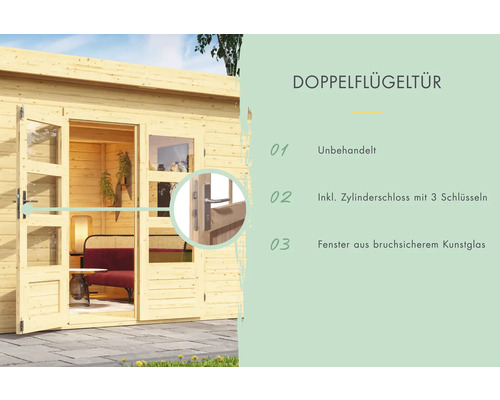 Doppelflügeltür mit Fenstern aus bruchsicherem Kunstglas und Zylinderschloss für ein Gartenhaus