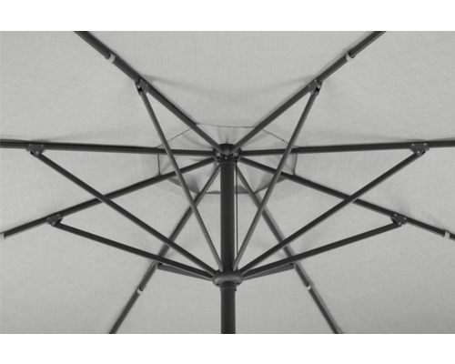 Detailansicht von einem geöffneten Sonnenschirm, der die Konstruktion zeigt