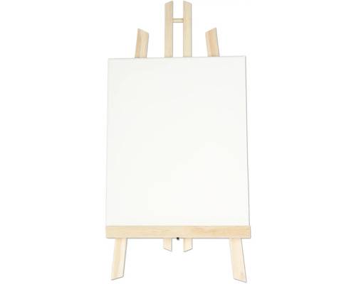 Staffelei aus Holz mit weißer Leinwand