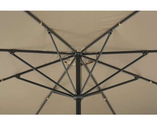 Unteransicht eines Sonnenschirms mit Metallgestell und Stoffdach