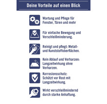 Produktvorteile: Wartung und Pflege, einfache Bewegung, Verschleißminderung, reinigt und pflegt Metall sowie Kunststoffoberflächen, Langzeitwirkung, Korrosionsschutz und starke Anhaftung