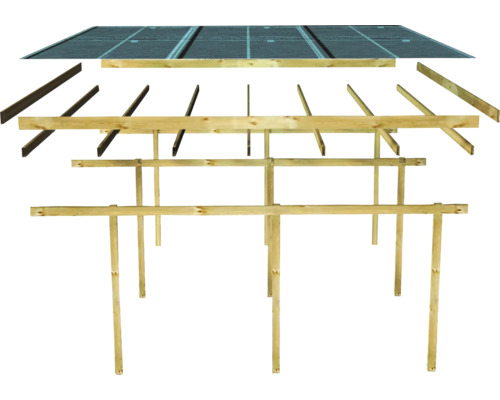 Explosionszeichnung eines Holzcarports mit Trapezblechdach