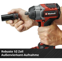 Einhell Logo. Akku-Schlagschrauber im Einsatz mit Steckschlüssel