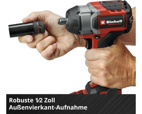 Einhell Logo. Akku-Schlagschrauber im Einsatz mit Steckschlüssel