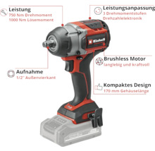 Einhell Akku-Drehschlagschrauber mit 1/2 Zoll Außenvierkantaufnahme, bürstenlosem Motor und 750 Newtonmeter Drehmoment
