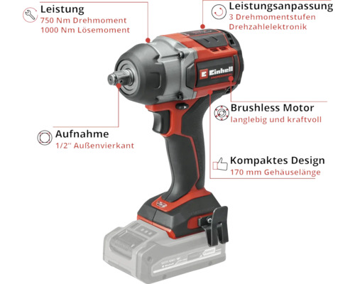 Einhell Akku-Drehschlagschrauber mit 1/2 Zoll Außenvierkantaufnahme, bürstenlosem Motor und 750 Newtonmeter Drehmoment