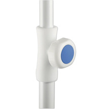 Detailansicht eines weißen Heizkörperventils mit blauem Einsatz