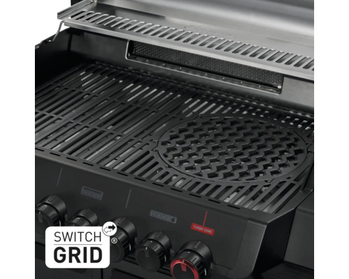 Detailansicht eines Gasgrills mit Grillrost und Bedienknöpfen