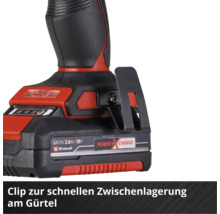 Detailansicht eines Einhell Akku-Schraubers mit Gürtelclip