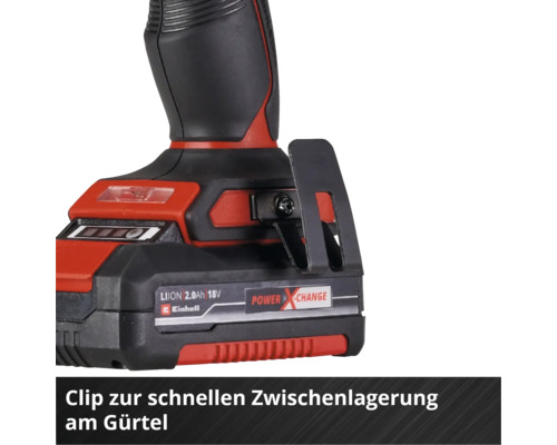 Detailansicht eines Einhell Akku-Schraubers mit Gürtelclip