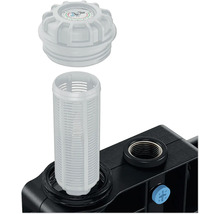 Explosionsdarstellung eines Wasserfilter-Systems mit Filter, Gehäuse und Manometer