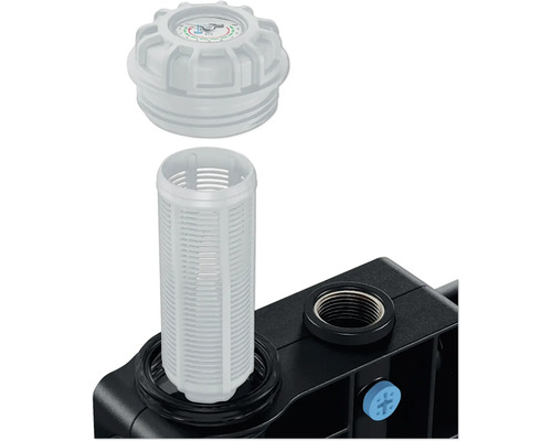 Explosionsdarstellung eines Wasserfilter-Systems mit Filter, Gehäuse und Manometer