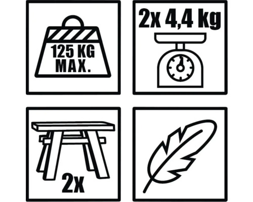 Symbole für maximale Belastung 125 Kilogramm, Gewicht 2 mal 4,4 Kilogramm, Anzahl der Hocker 2 und leichtes Gewicht