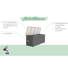 Metallbox mit einem 0,5 mm Element aus Trapezblech und einem Rahmen aus verleimtem Holz, inklusive Gummifüßen.