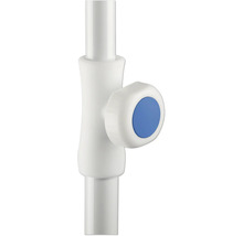 Detailaufnahme einer weißen Duschstange mit blauem Knopf