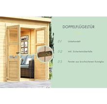 Doppelflügeltür eines Holzhauses mit Sicherheitsüberfalle und Fenstern aus bruchsicherem Kunstglas