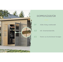 Doppelflügeltür Details: farbige Vorbehandlung, Sicherheitsüberfalle, Fenster aus bruchsicherem Kunstglas