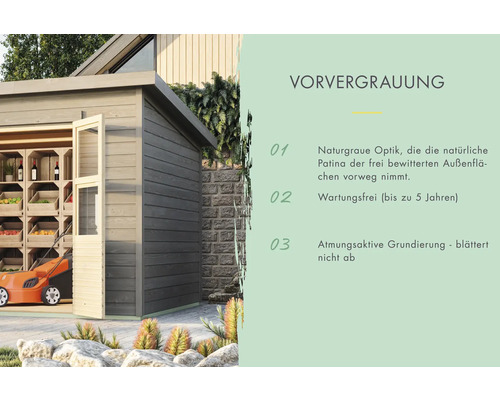 Gartenschuppen aus Holz mit Regalen, Rasenmäher und dem Text Vorvergrauung