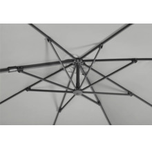 Detailansicht von unten eines Sonnenschirms mit Metallgestell und Stoffbespannung