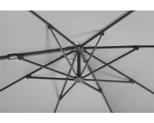 Detailansicht von unten eines Sonnenschirms mit Metallgestell und Stoffbespannung