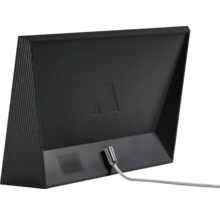 Rückansicht eines schwarzen Bildschirms mit Anschlusskabel