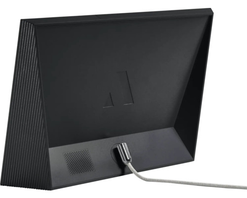 Rückansicht eines schwarzen Bildschirms mit Anschlusskabel