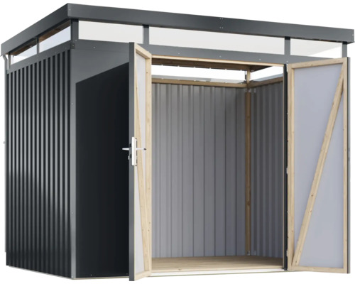 Offener Geräteschuppen aus Metall mit Doppeltür