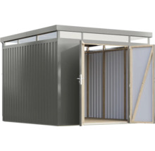 Gartenschrank aus Metall mit geöffneten Türen