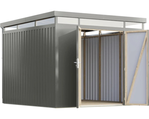 Gartenschrank aus Metall mit geöffneten Türen