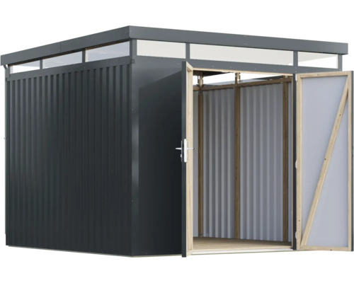 Geräteschuppen mit geöffneten Türen aus Metall und Holz