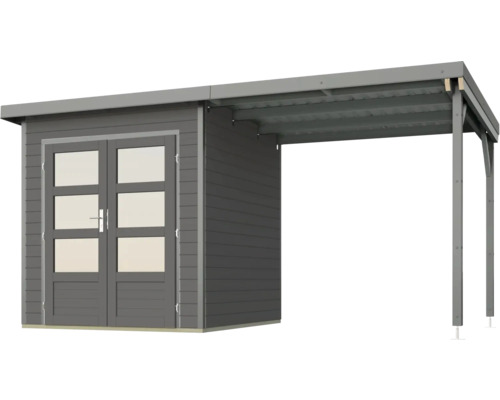 Holzgartenhaus mit Doppeltür und überdachtem Bereich