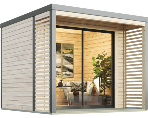Modernes Gartenhaus mit Schiebetür und Holzverkleidung