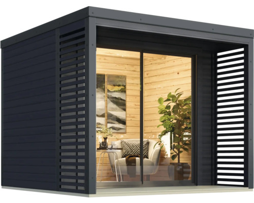 Modernes Gartenhaus mit Glasschiebetür und Holzverkleidung