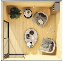 Innenraumansicht eines Holzgartenhauses mit Möbeln, Beleuchtung und Dekoration