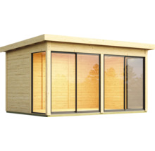 Gartenhaus aus Holz mit Glasschiebetüren