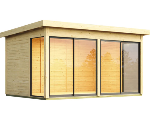 Gartenhaus aus Holz mit Glasschiebetüren