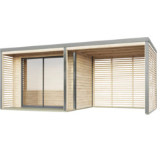 Modernes Gartenhaus aus Holz mit Schiebetür und Lamellenwänden