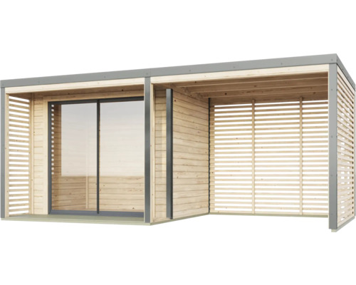 Modernes Gartenhaus aus Holz mit Schiebetür und Lamellenwänden