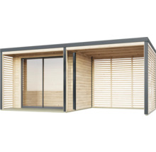 Modernes Gartenhaus mit Schiebetür und Holzlamellenwand
