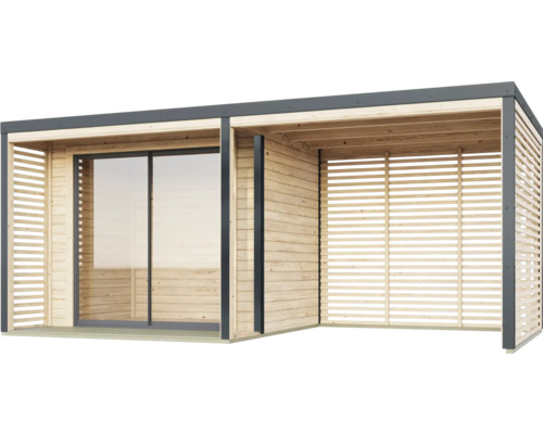 Modernes Gartenhaus mit Schiebetür und Holzlamellenwand